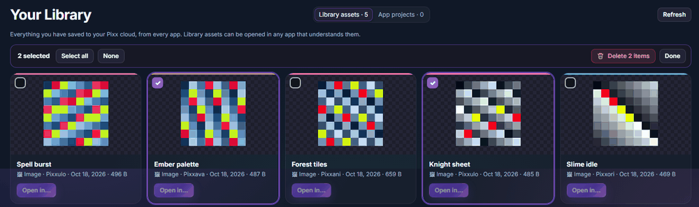 Your Library on pixxsuite.com in select mode