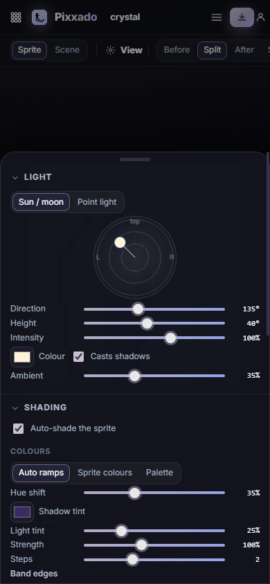 Pixxado on a phone, with the light settings open as a sheet