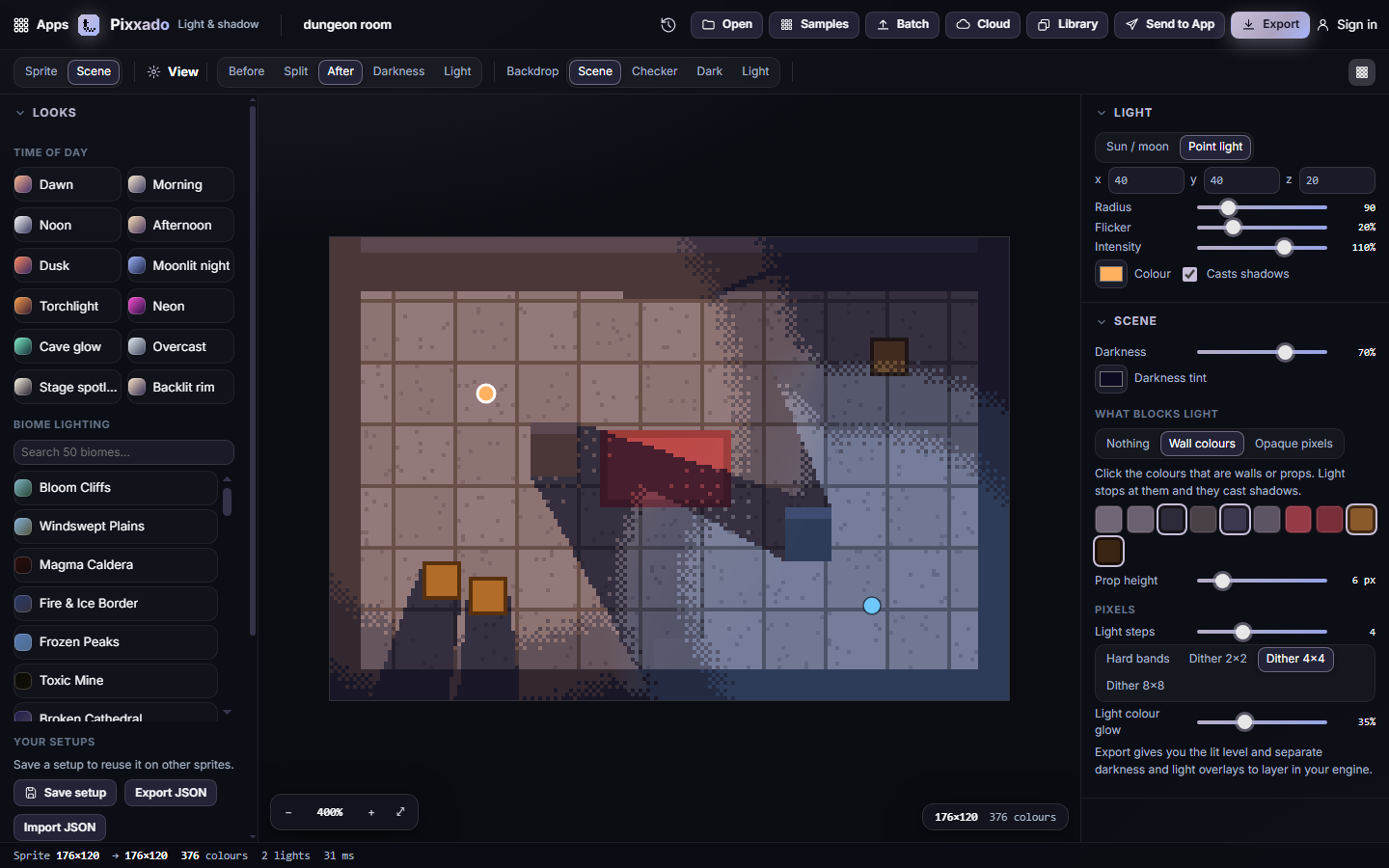 A dungeon room lit by a warm torch and a cool crystal