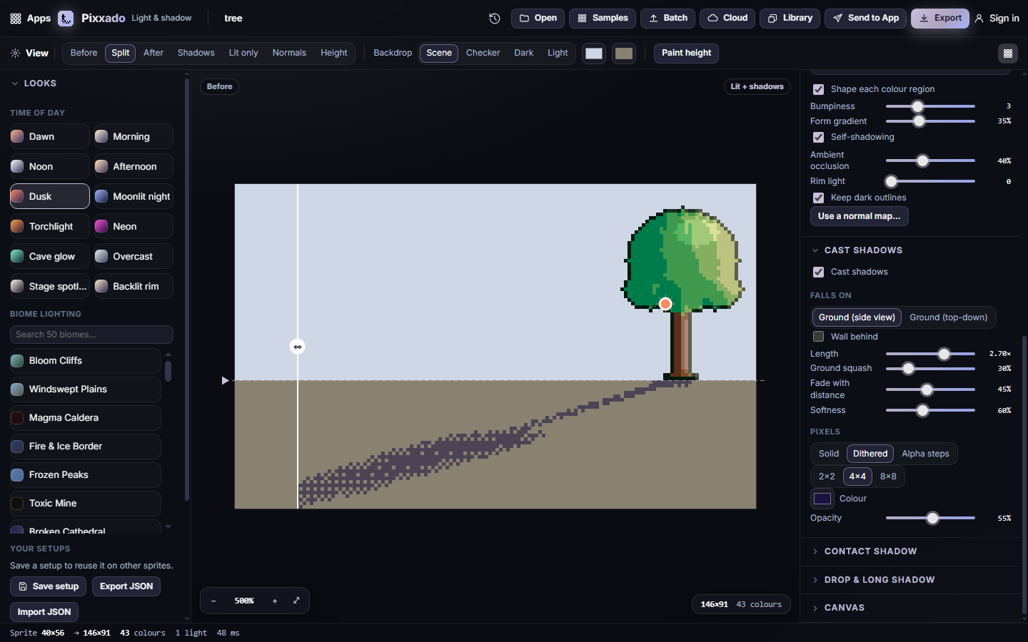 The shadow settings, with a long dusk shadow on the ground