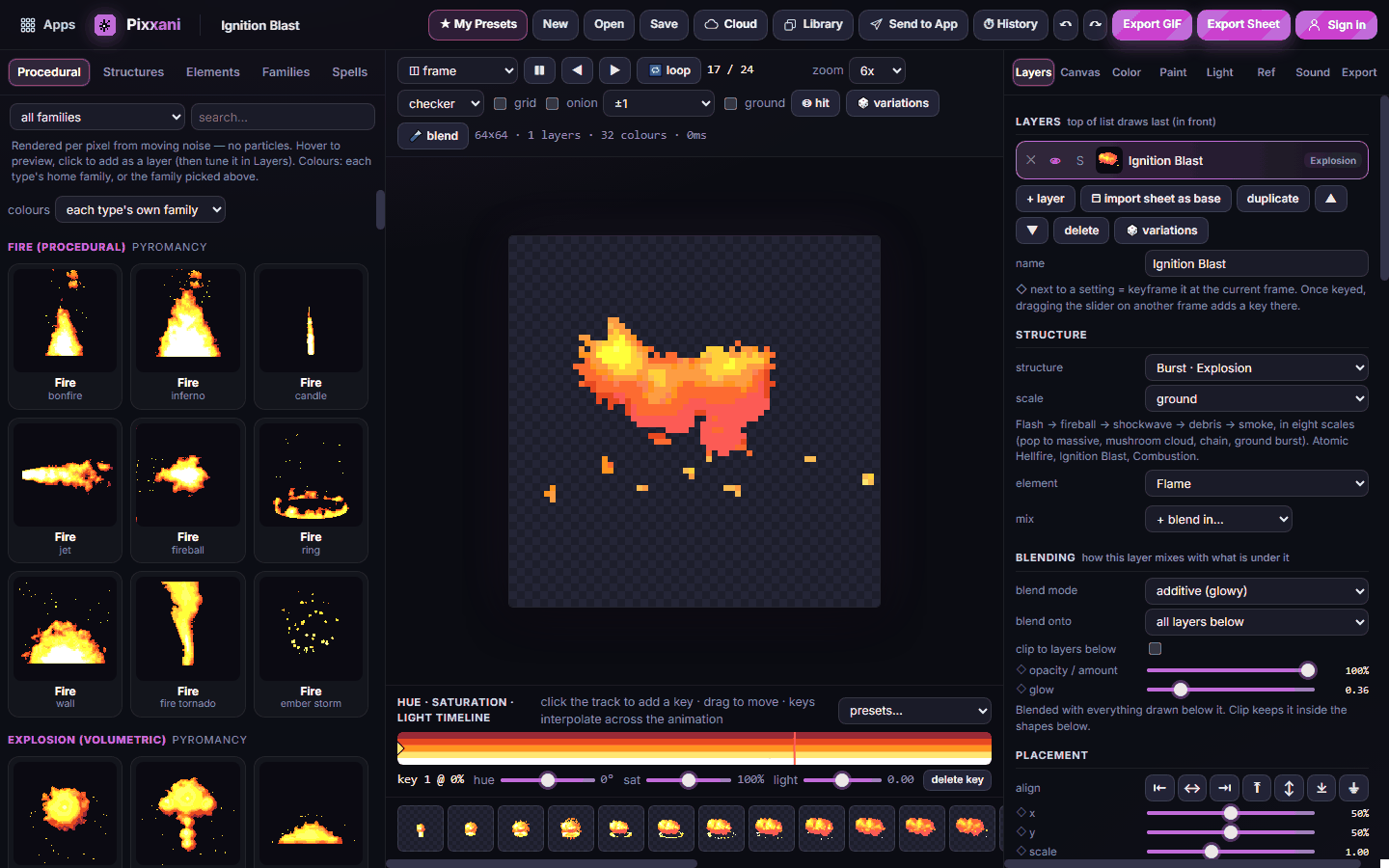 The Pixxani workspace: library on the left, the canvas in the middle, layer settings on the right