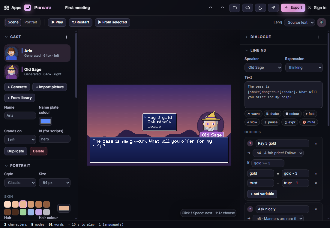 A choice menu with conditions and variable changes