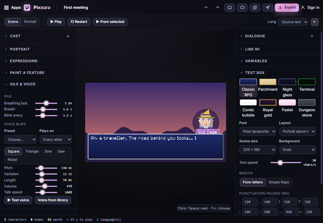Voice blips, idle breathing and text box settings