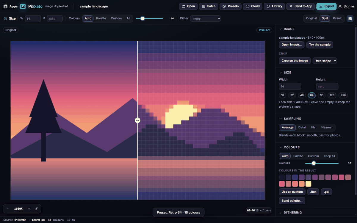 Pixxato with the sample landscape: the original on the left, the pixel art on the right