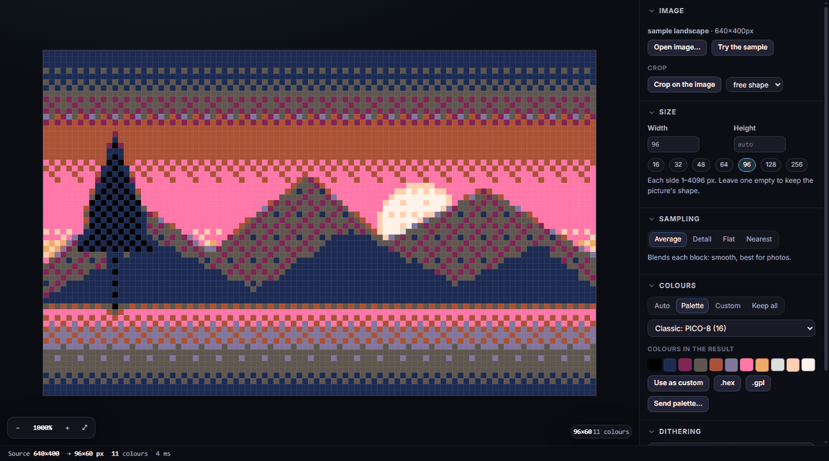 A PICO-8 palette with ordered dithering