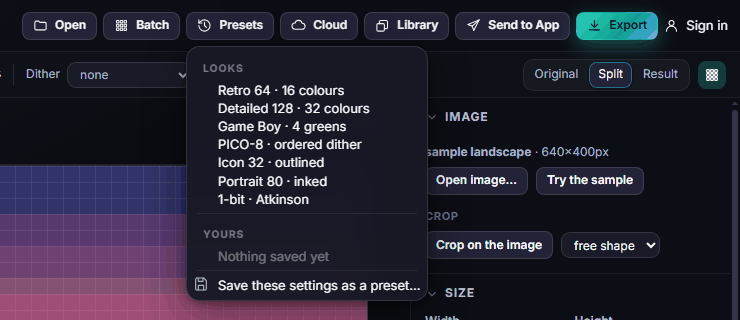 The Presets menu with the built-in looks
