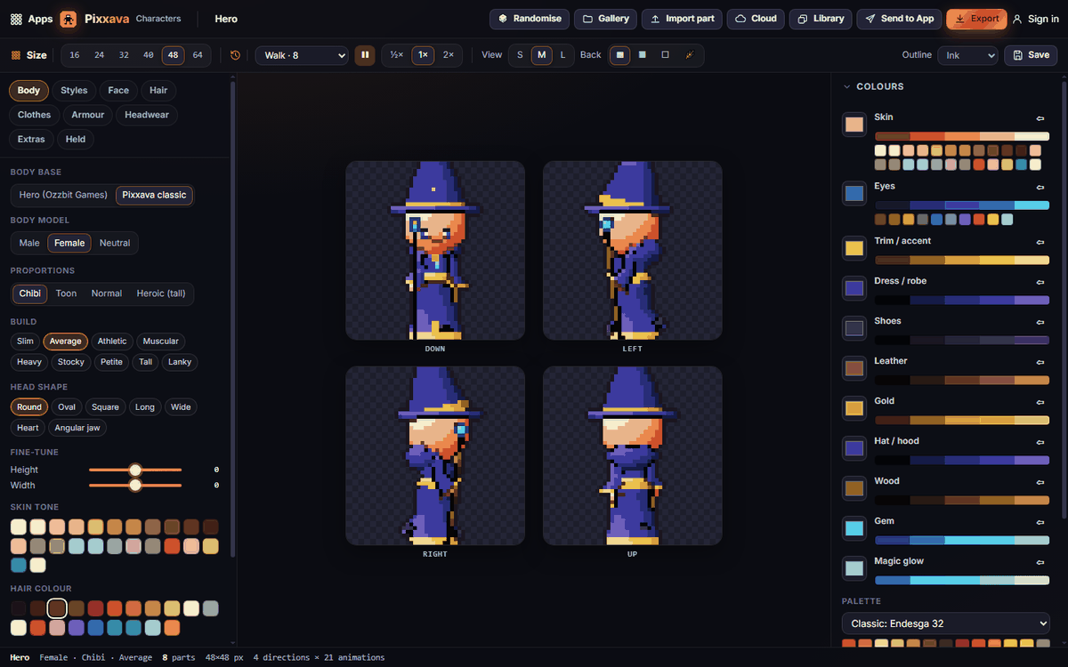 A chibi mage on the classic body, shown in four directions