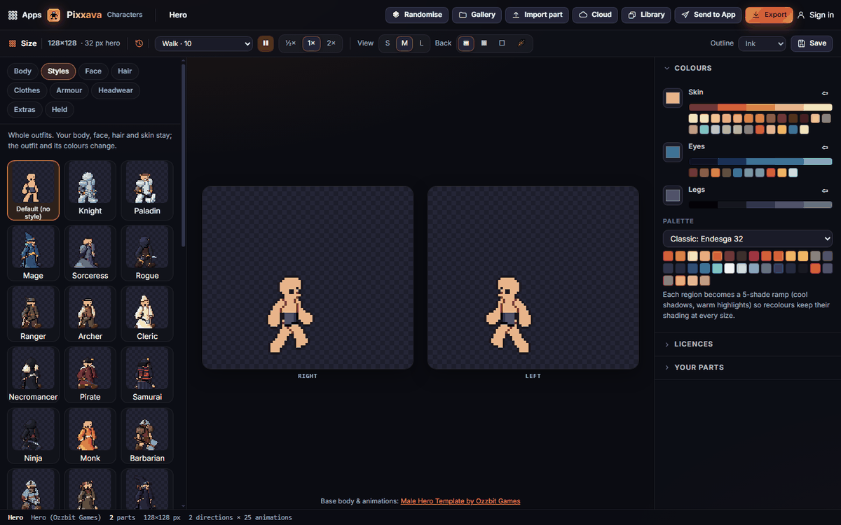Pixxava opens on the Hero body with Default (no style)