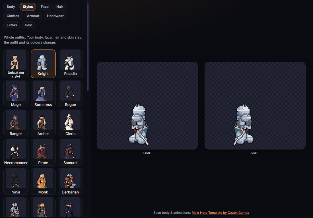 The Styles tab with the Knight style on the Hero body