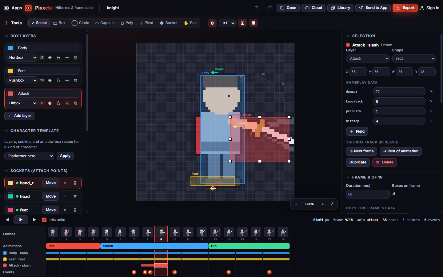 The editor with a selected hitbox, its gameplay data and the timeline