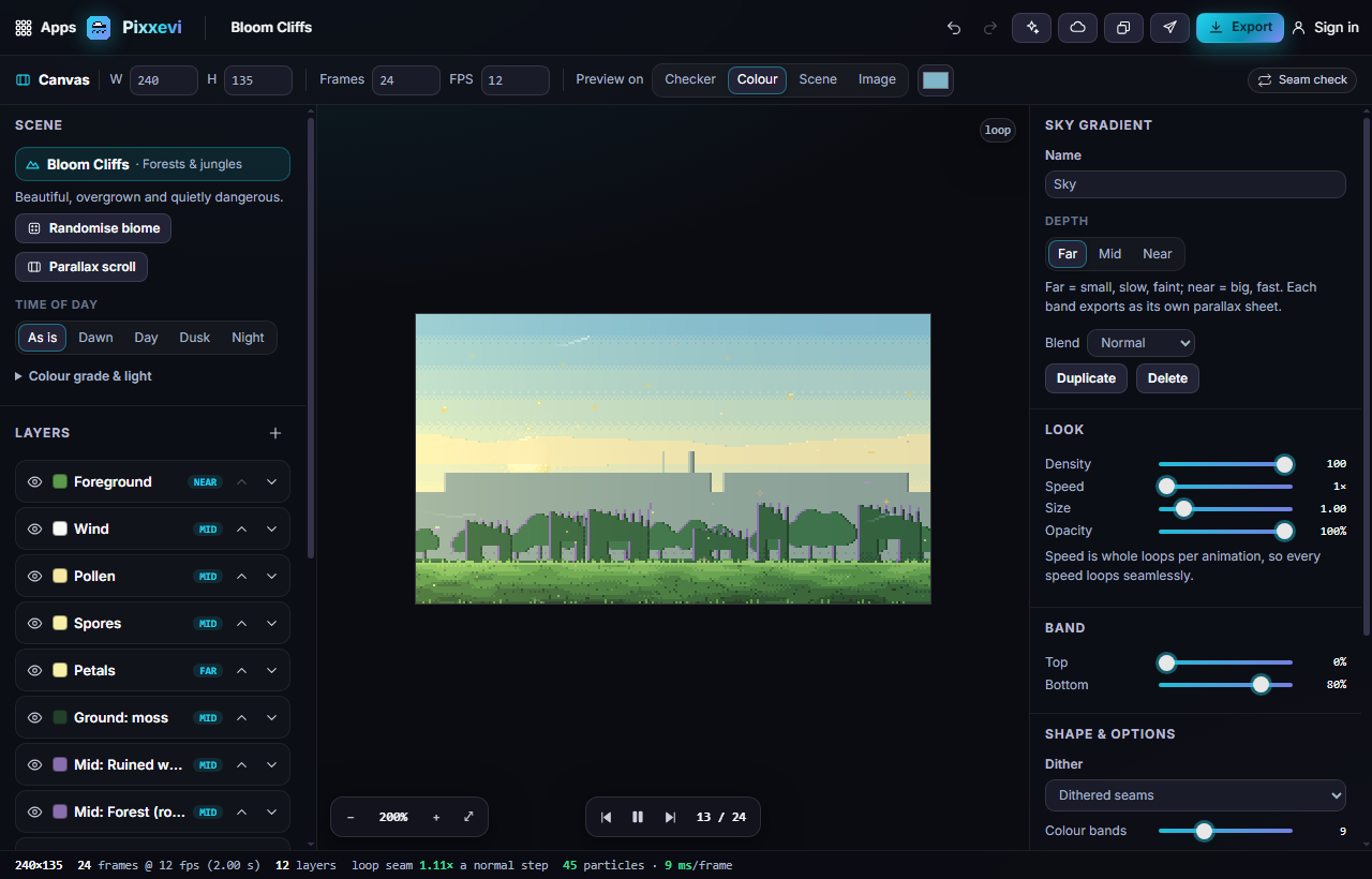 A biome scene: layers on the left, the selected layer's settings on the right