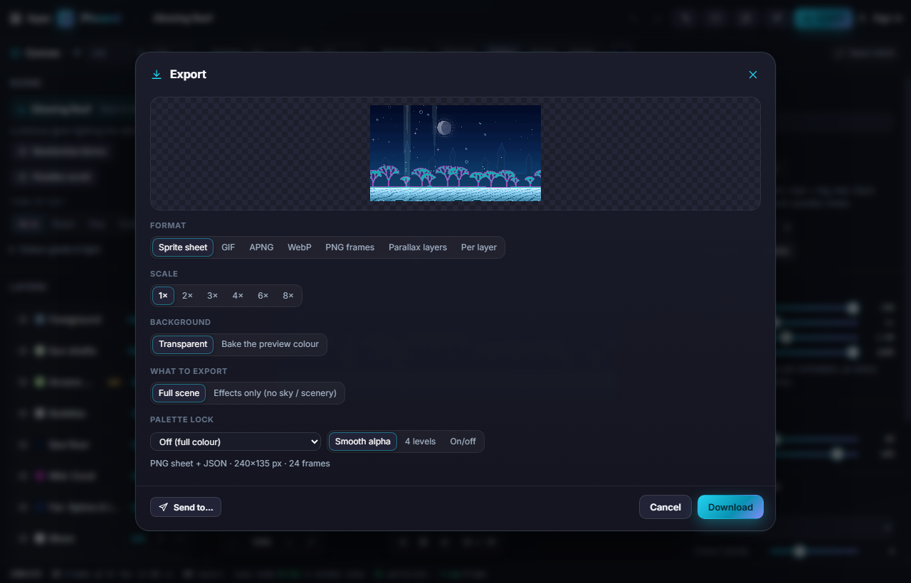 The Export dialog: format, scale, background and what to export