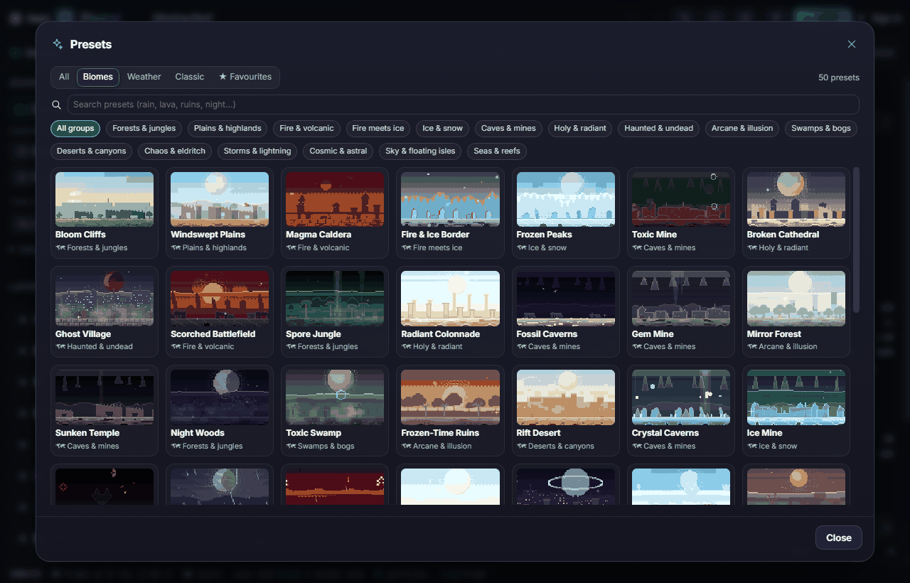 The preset browser with the Biomes tab open