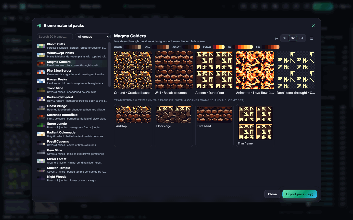 The Biome material packs window for Magma Caldera