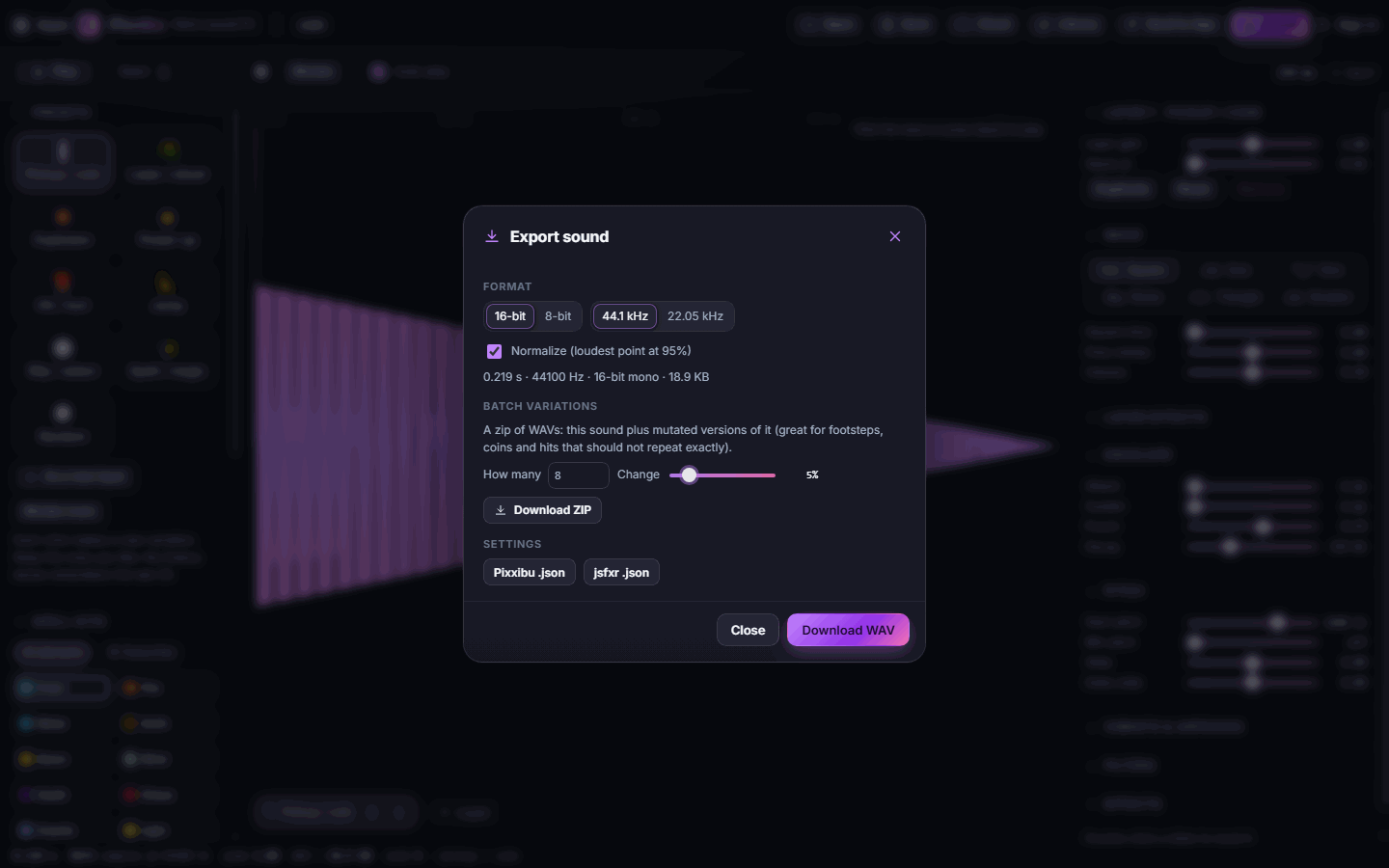 The Export sound window