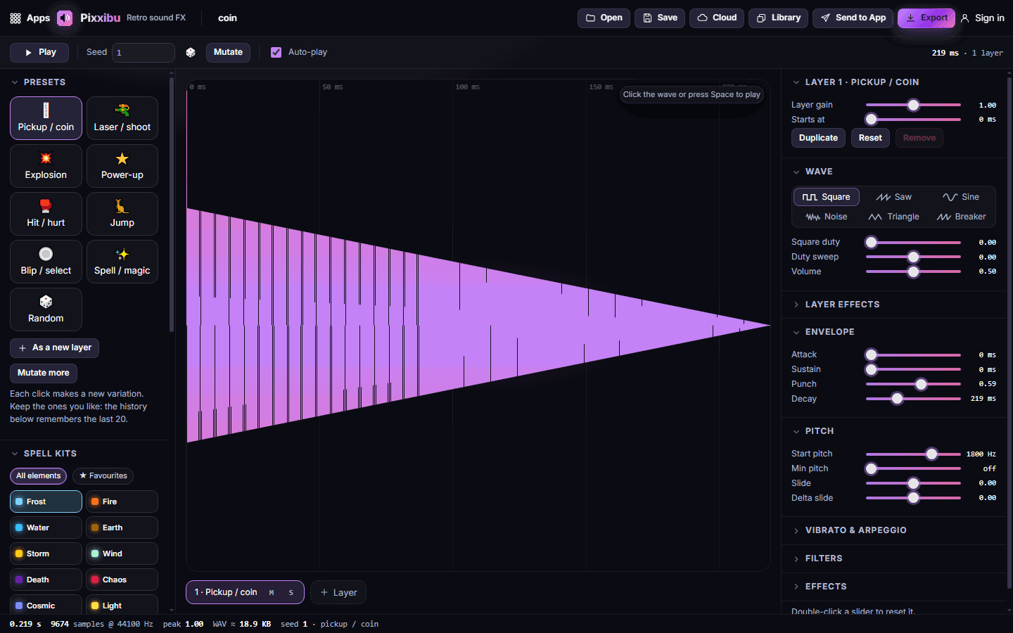 Pixxibu with the waveform in the middle and settings on the right