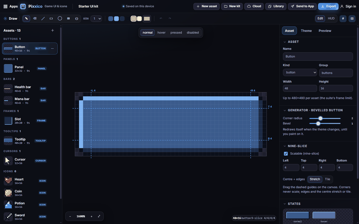 Pixxico with the Starter UI kit open: assets on the left, the button being edited in the middle, its settings on the right