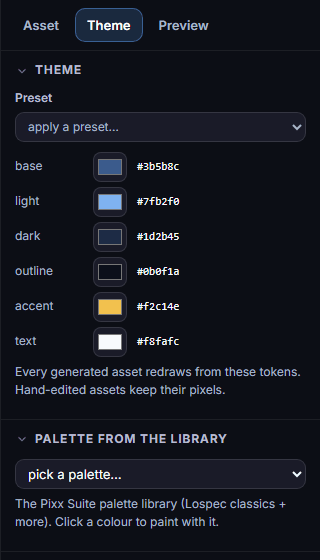 The Theme tab with the six colour tokens
