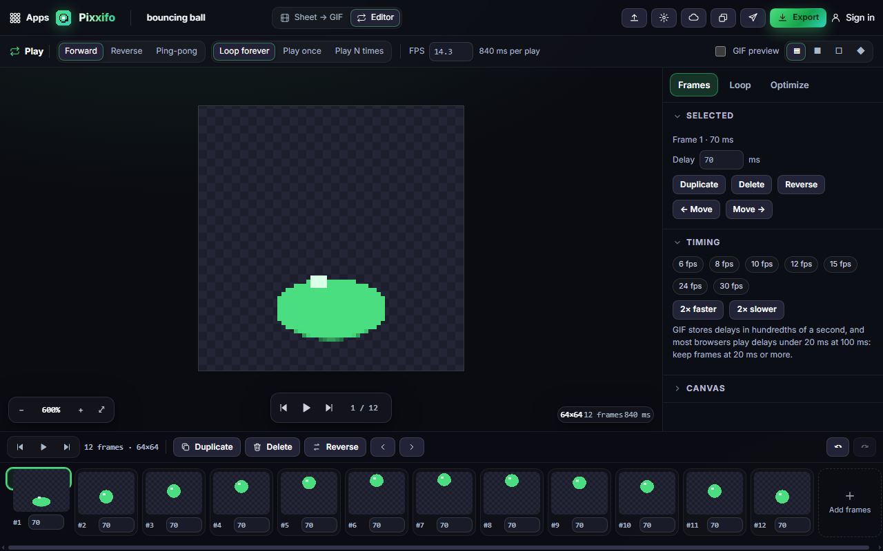 The Editor: frames along the bottom, the selected frame's settings on the right