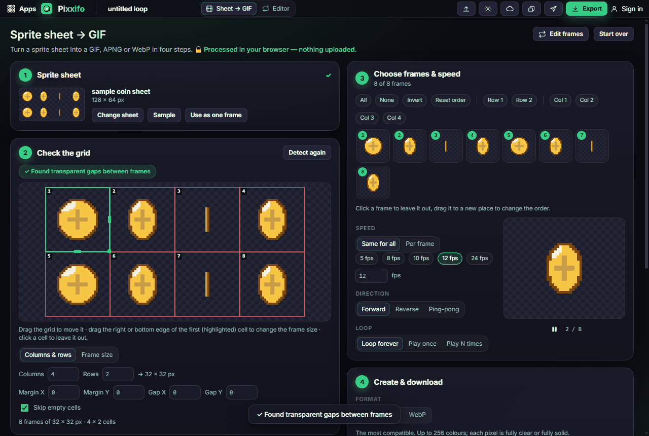 Sheet → GIF with the sample coin sheet: the grid found automatically and the live preview