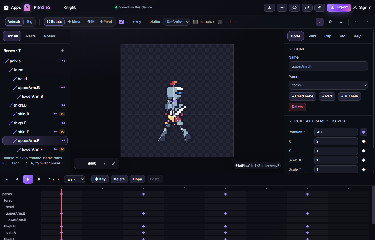 Animate mode: bones on the left, the bone's pose on the right and keys in the timeline