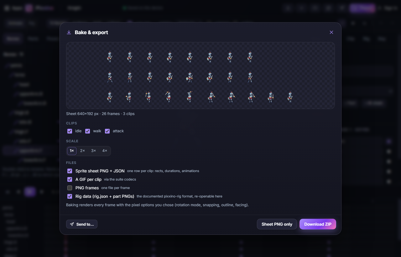 Bake & export: every clip baked into crisp frames, one row per clip