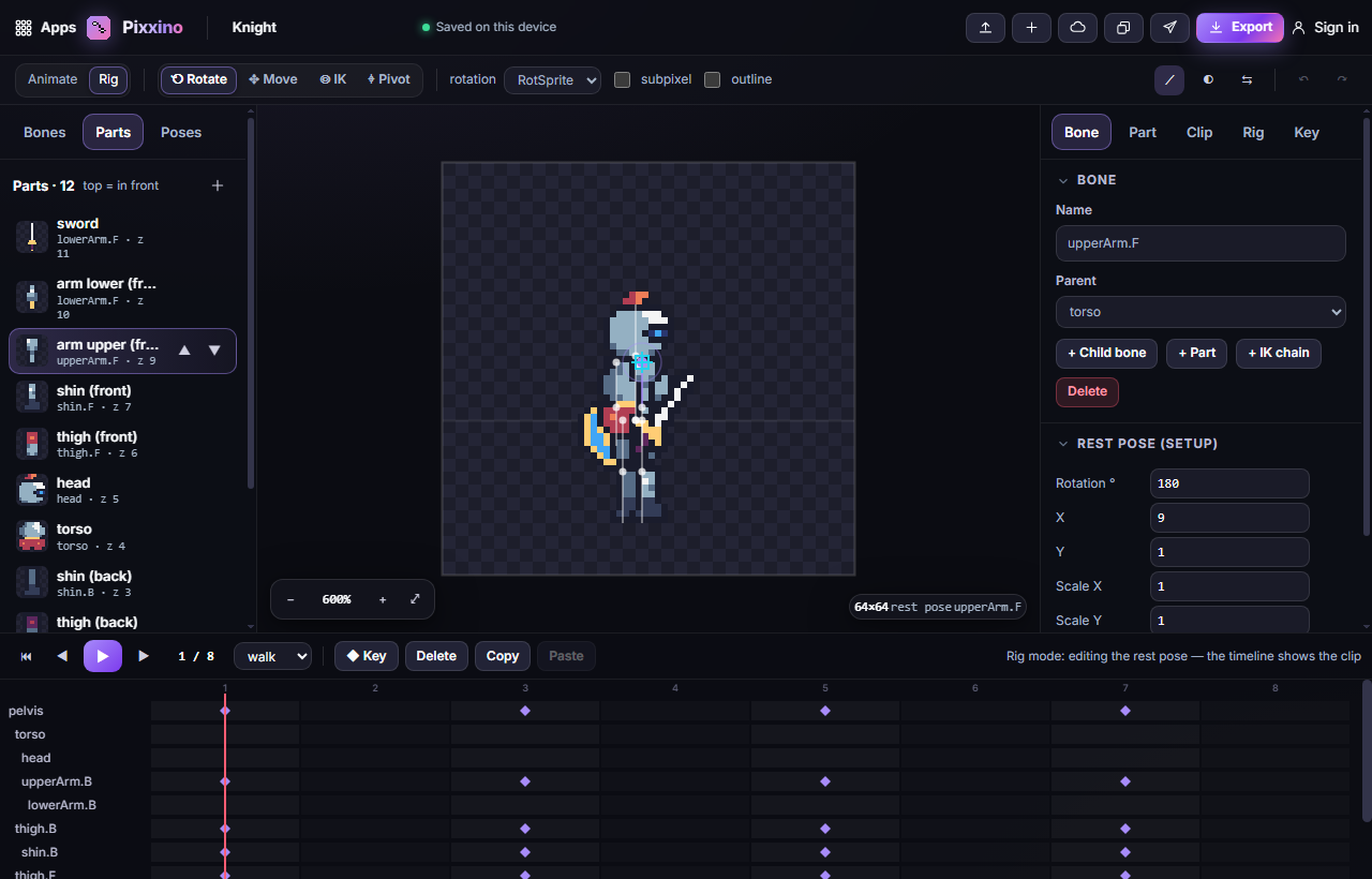 Rig mode with the Parts tab: each part sits on a bone, top of the list draws in front