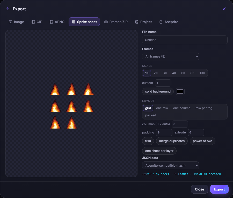 The Export window with sprite sheet options