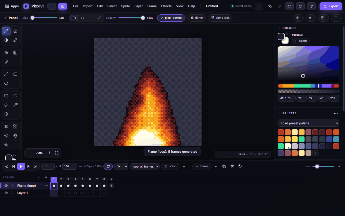 Pixxivi with an animated flame: tools on the left, the canvas in the middle, colours on the right and the timeline at the bottom