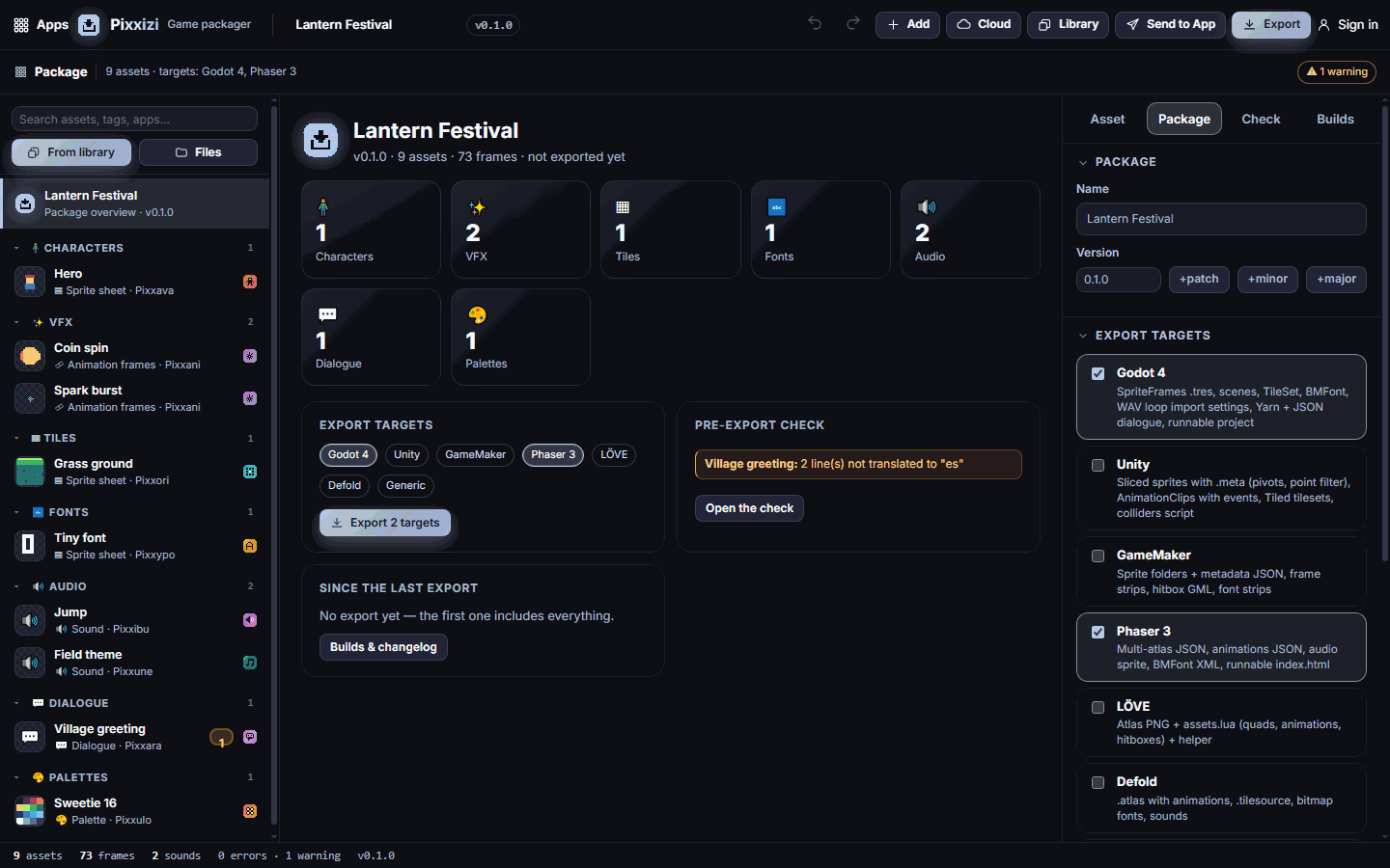The package overview with the asset list on the left