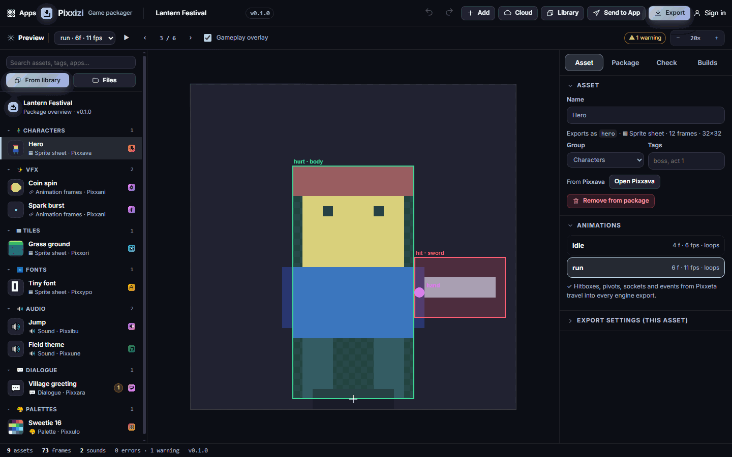 A sprite with its hitboxes, pivot and socket
