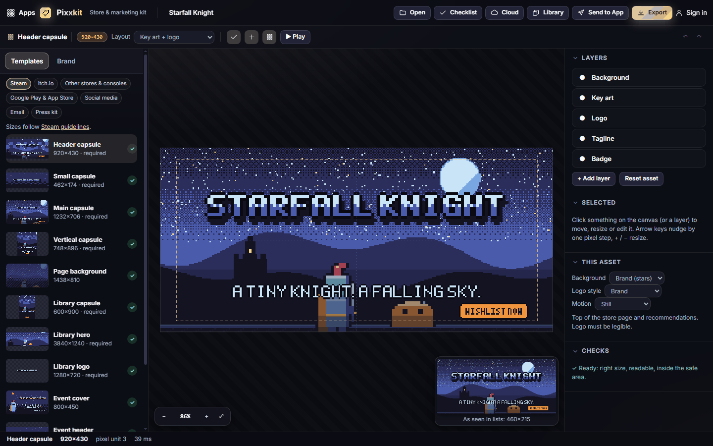 Pixxkit with the Steam header capsule open