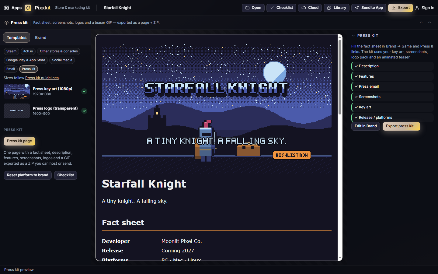 The press kit page preview