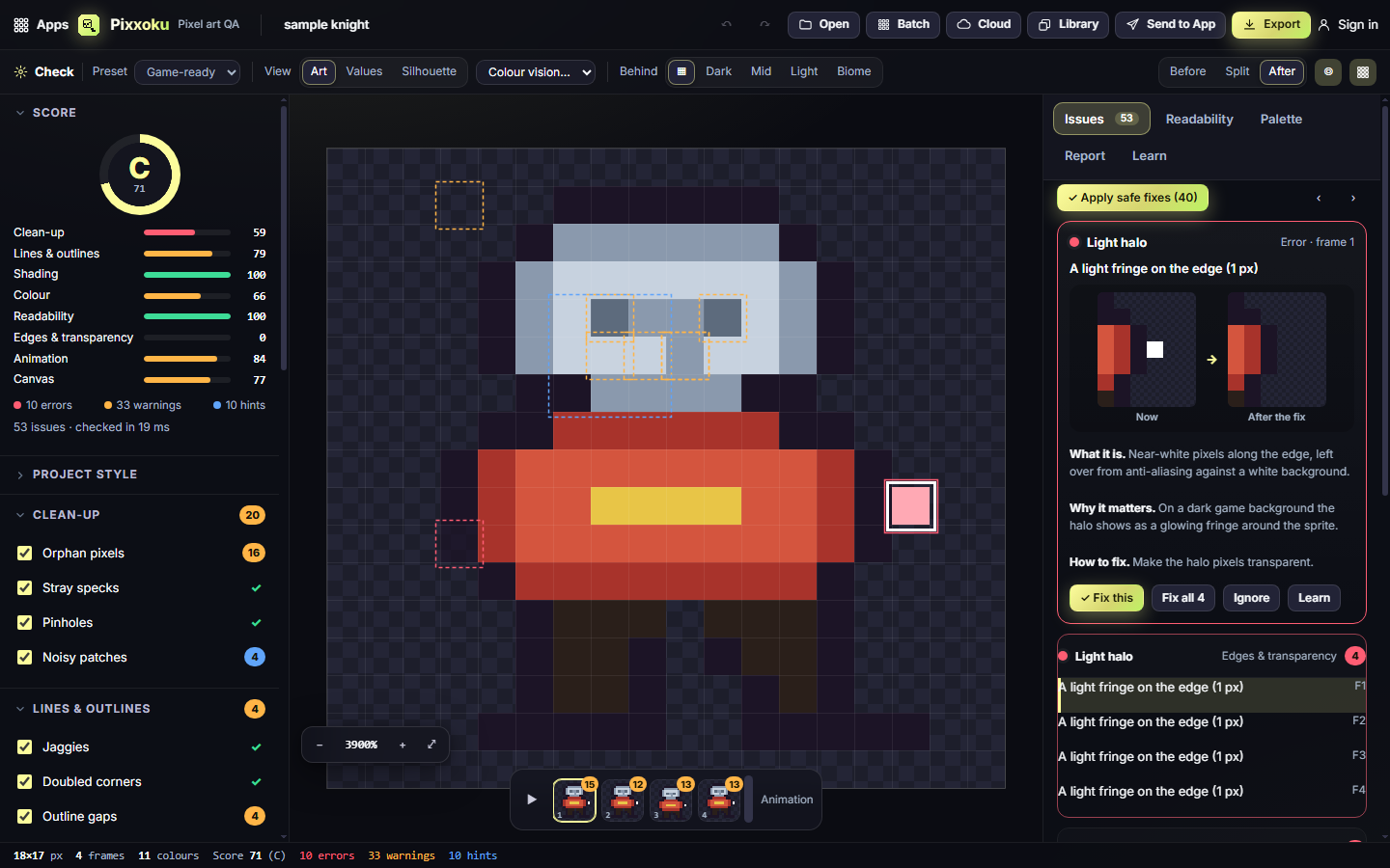 Pixxoku checking a small knight sprite, with an issue selected and its before and after