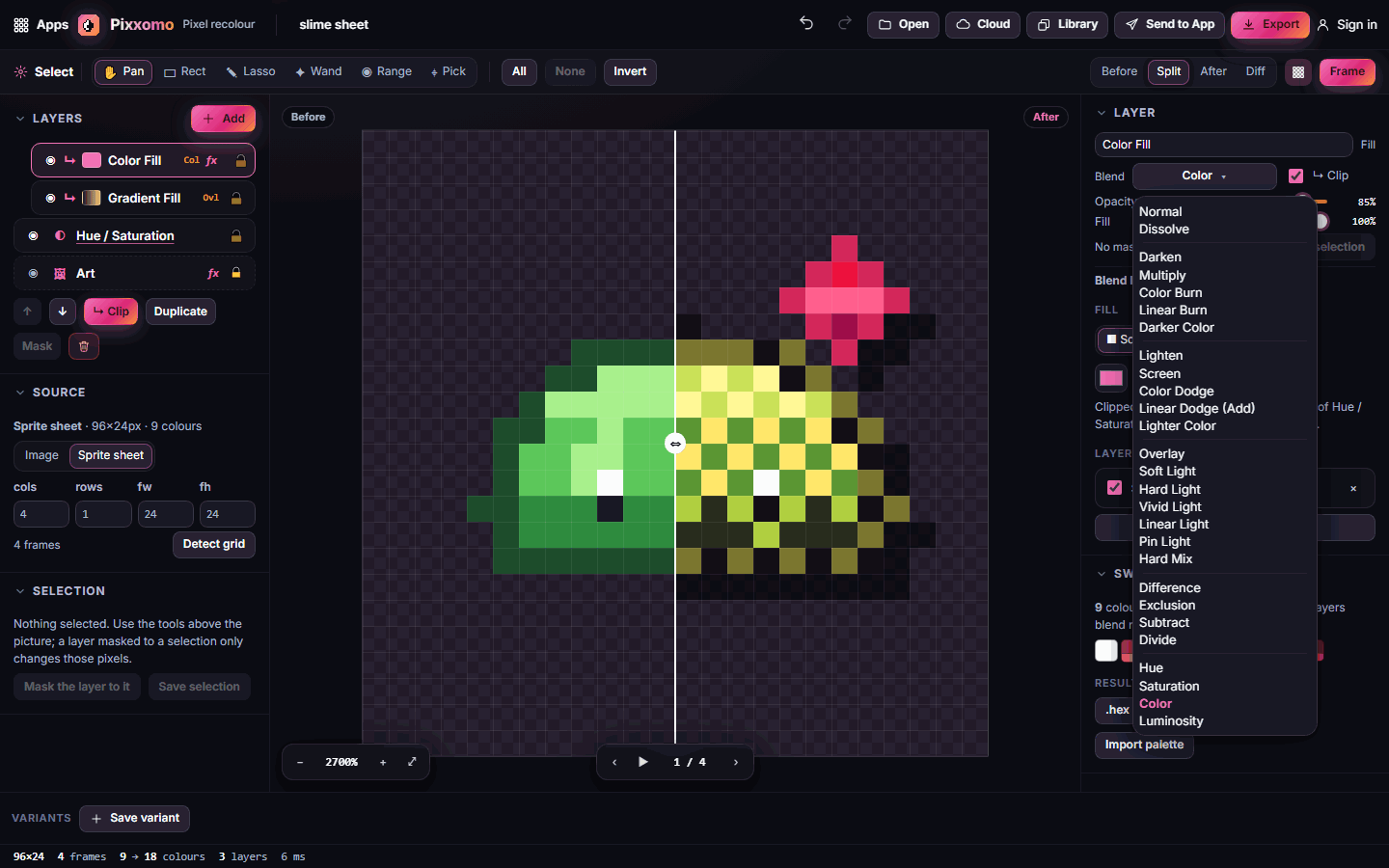 The blend mode menu over a clipped colour fill