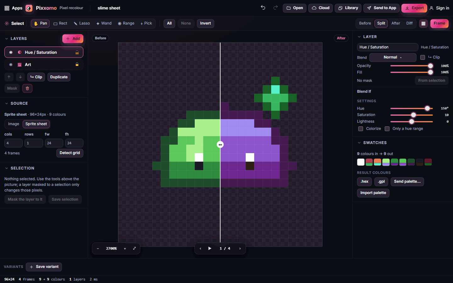 The sample slime sheet with a Hue / Saturation layer
