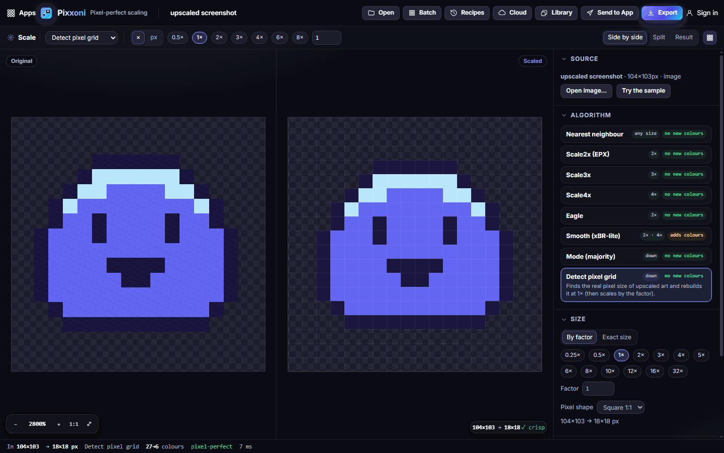 Detect pixel grid turning a noisy 104×103 image back into a crisp 18×18 sprite