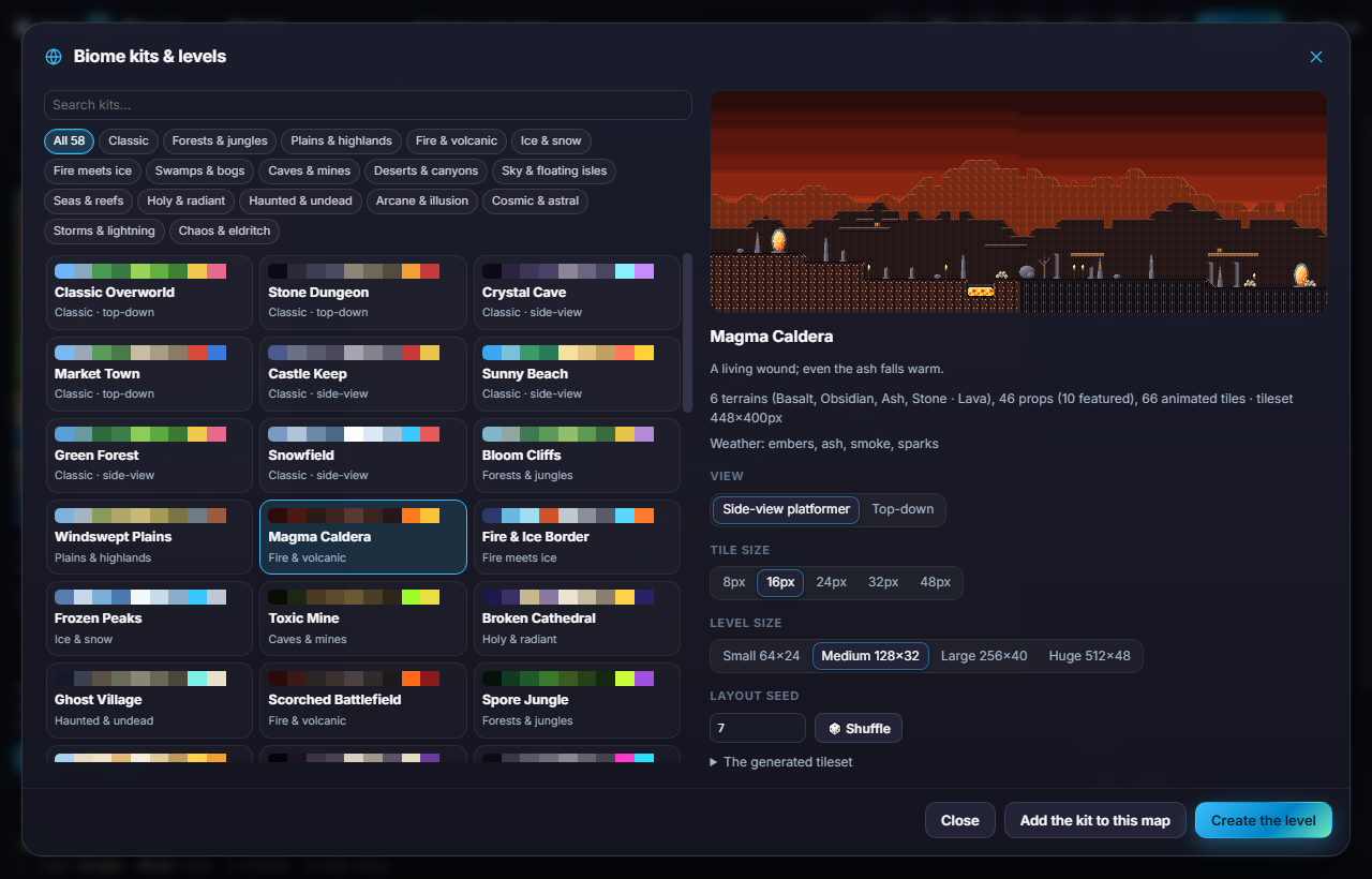 Biome kits & levels: pick a biome, a view and a size, then create the level