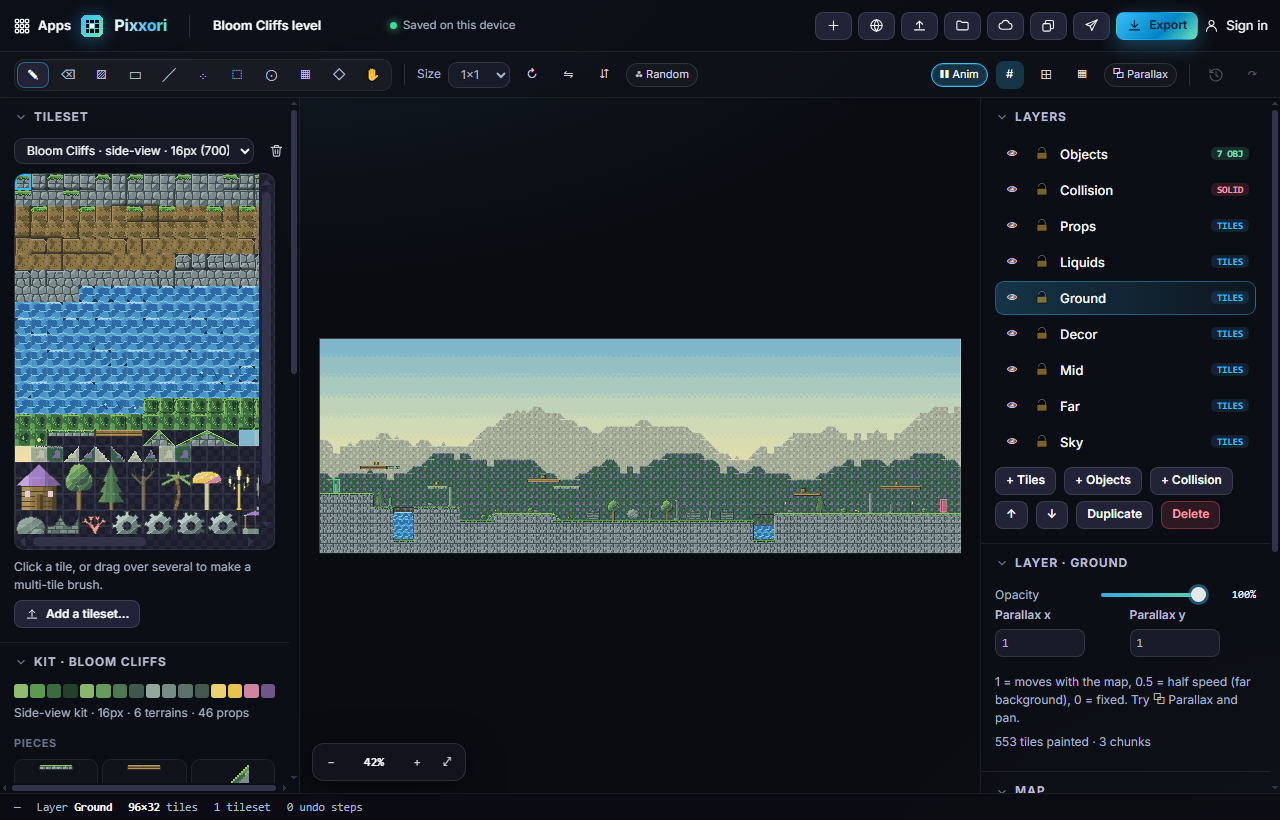 A generated side-view level: tileset on the left, layers on the right