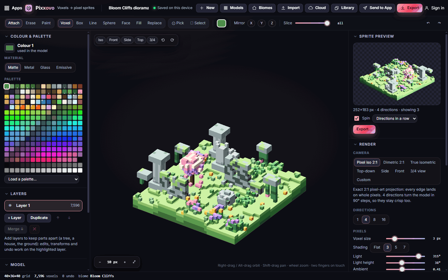 A Bloom Cliffs diorama in the editor, with its sprite preview