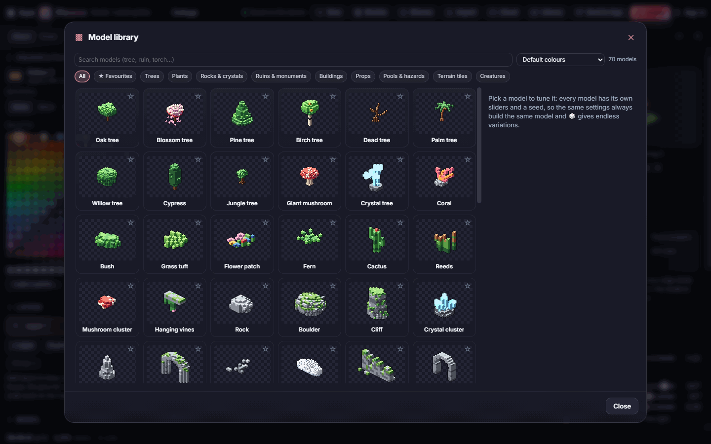 The Model library with its group filters and 70 models