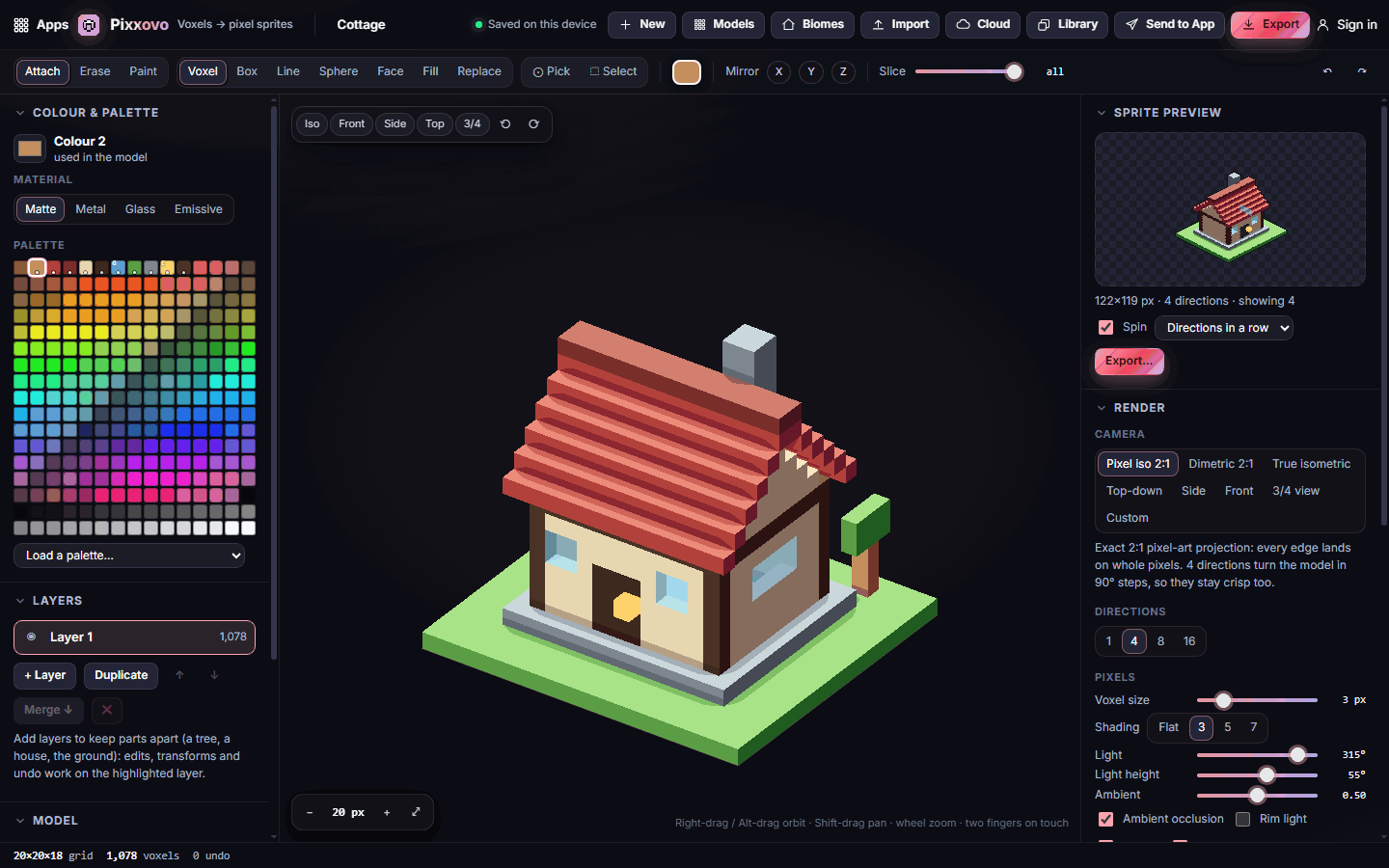 The sample cottage in the editor, with the palette, layers and render settings