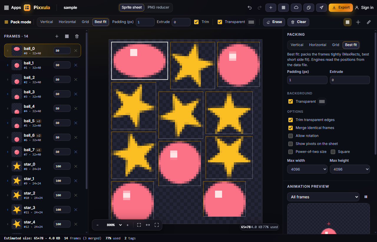 Pixxula packing 14 frames with Best fit; identical frames are merged automatically