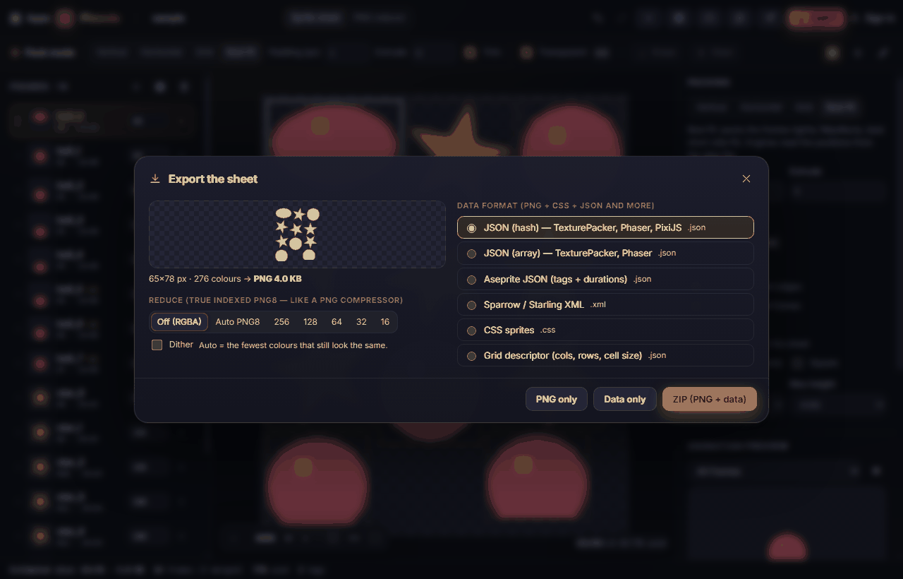 Export the sheet: preview, PNG8 reduction and the data format