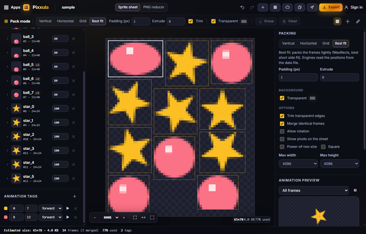 Animation tags under the frames list, each with its range, direction and a play button