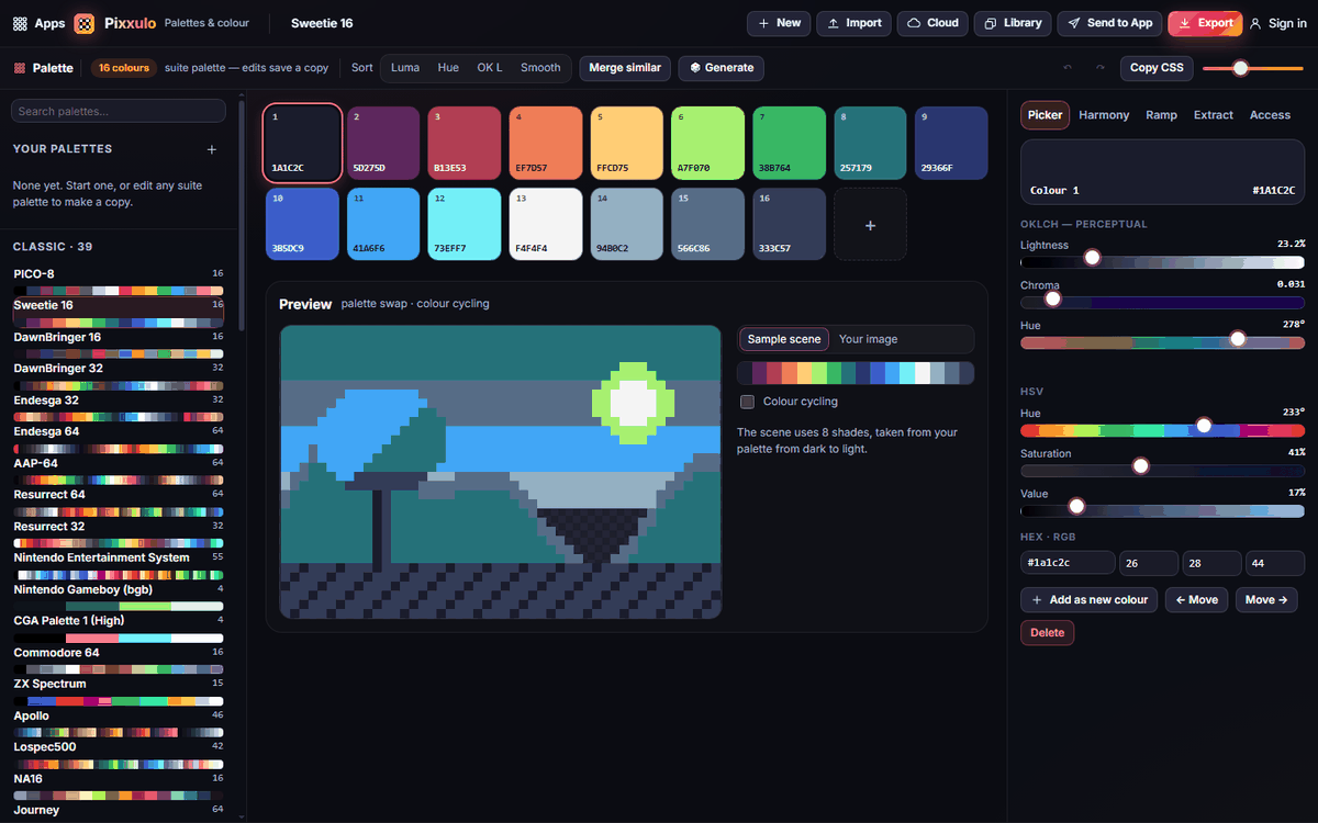 Pixxulo: the palette list on the left, the swatches and preview in the middle, the colour tools on the right