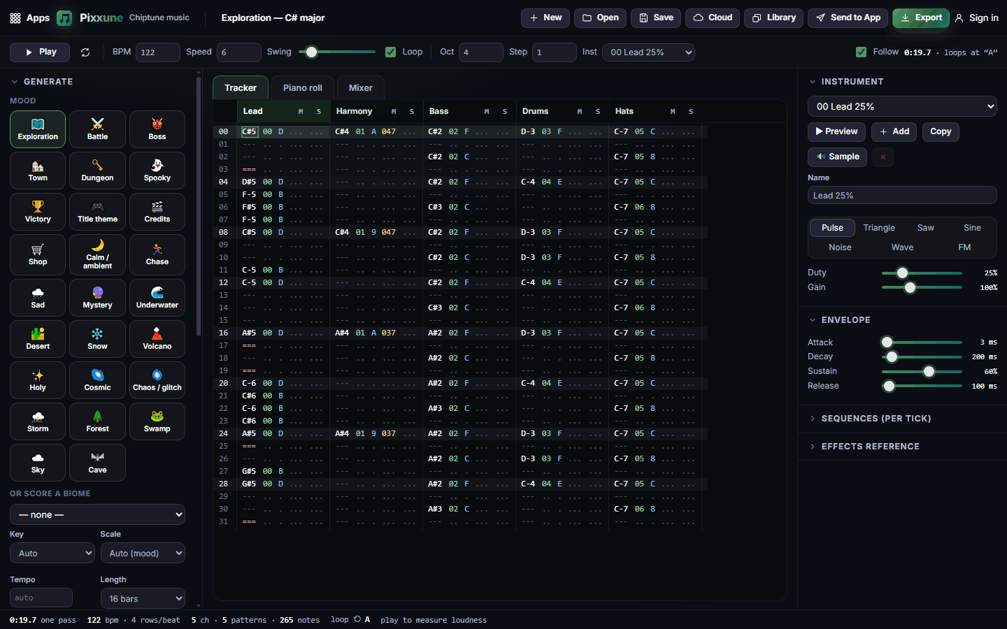 Pixxune with a generated exploration track open in the tracker