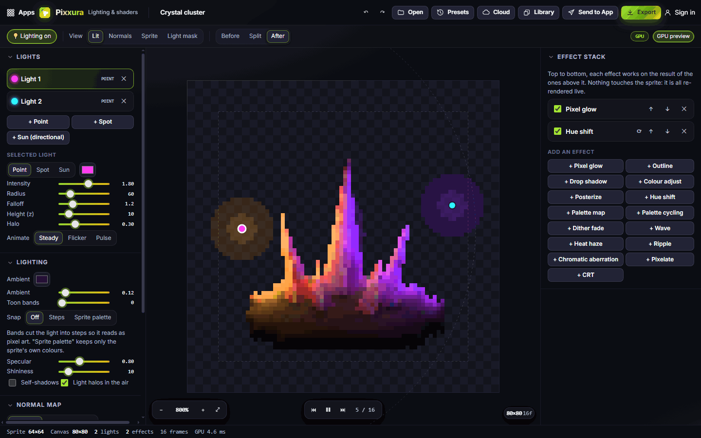 The Neon preset: two coloured lights, pixel glow and a hue shift