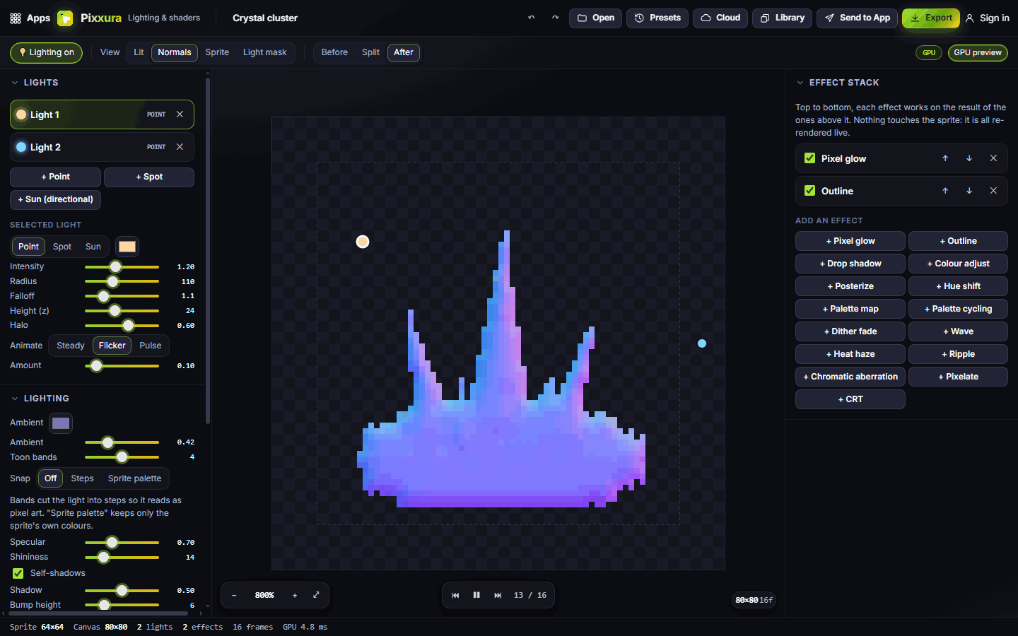 The Normals view shows the shape Pixxura uses for lighting