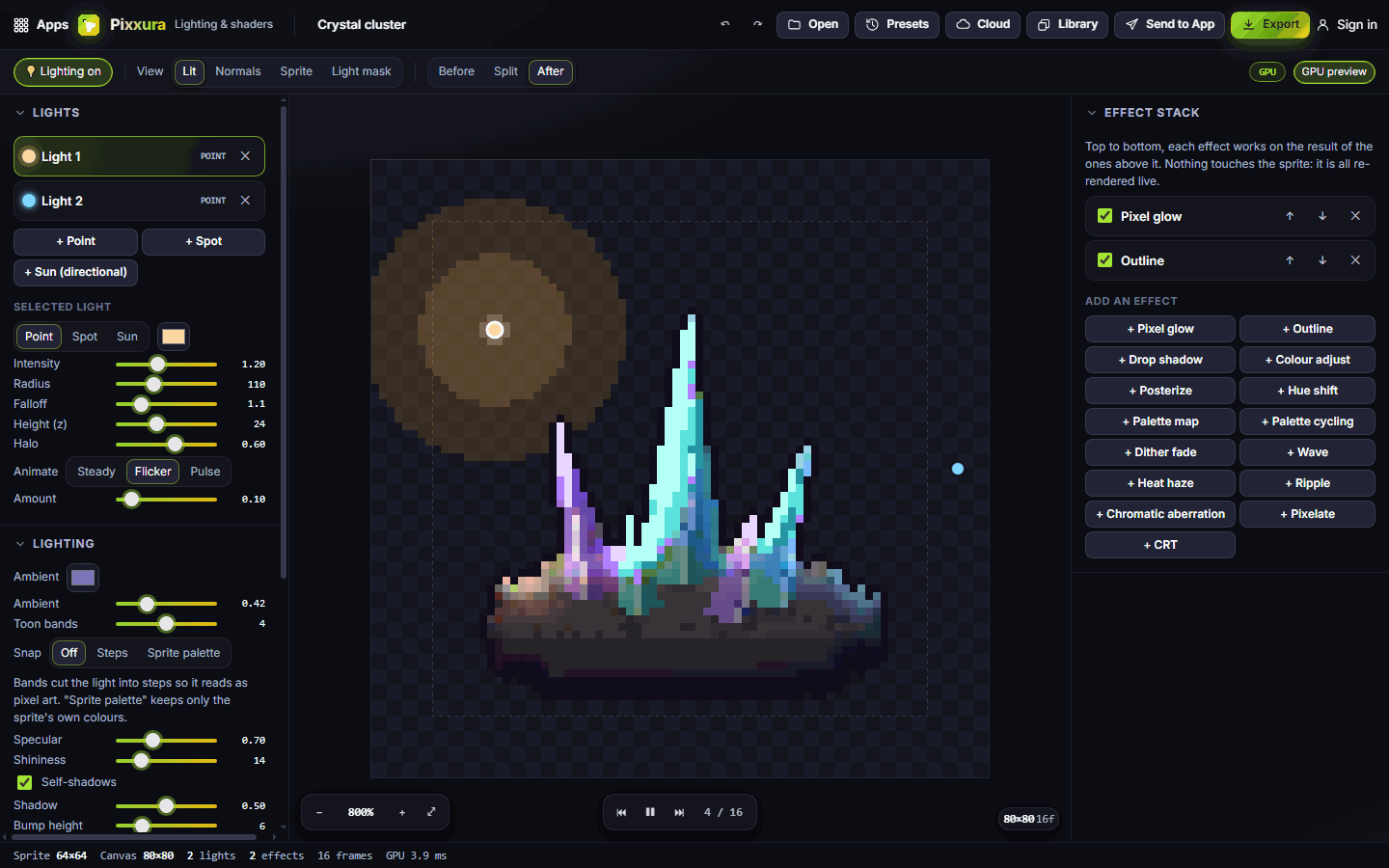 Pixxura with the sample crystal, two lights and the effect stack
